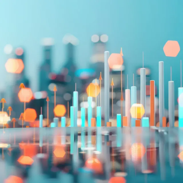 Blurred city skyline behind a row of glowing bar charts with upward arrows, reflected on a glassy surface