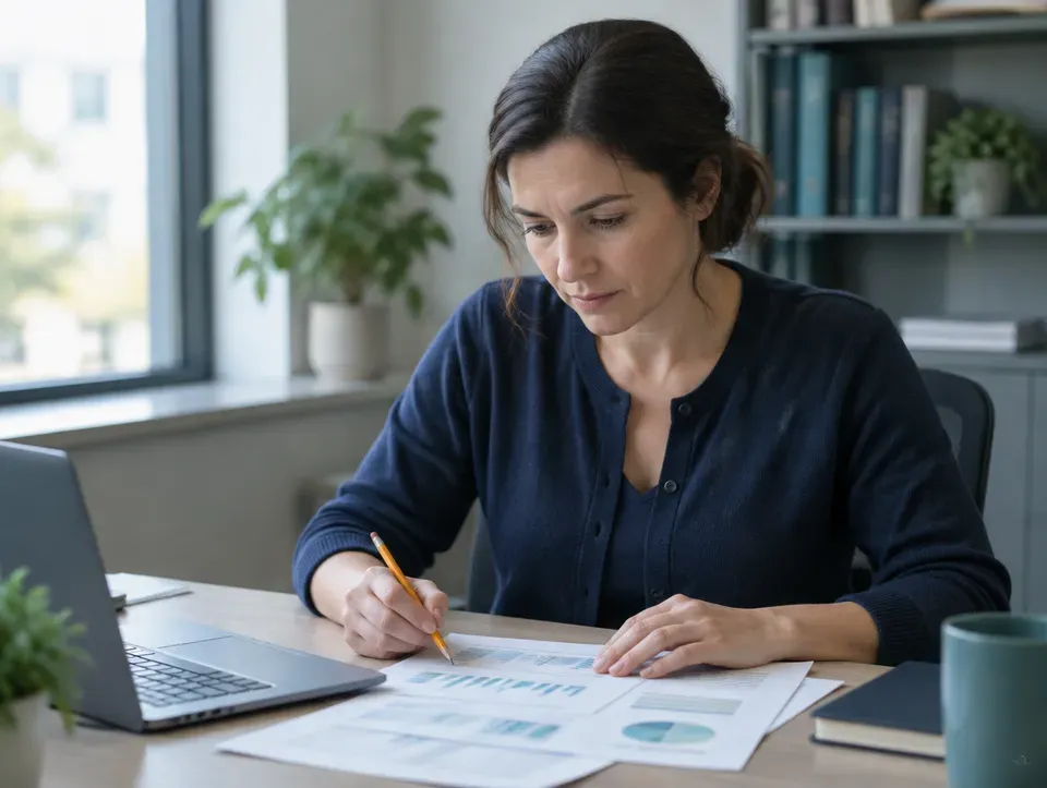 Research analyst reviewing charts and printed analysis at a desk.