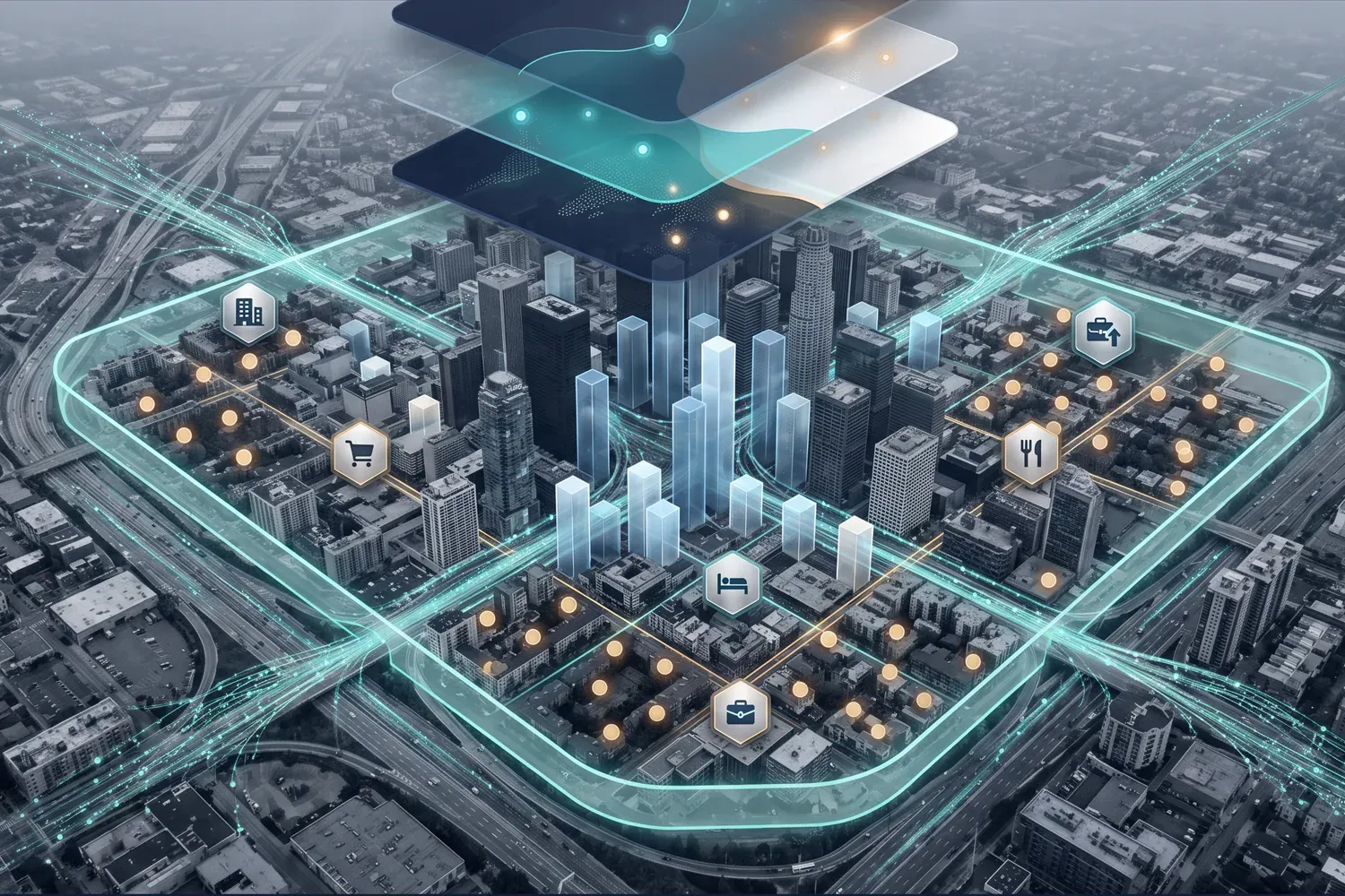 An illustrated aerial view of a downtown district with layered economic data overlays.