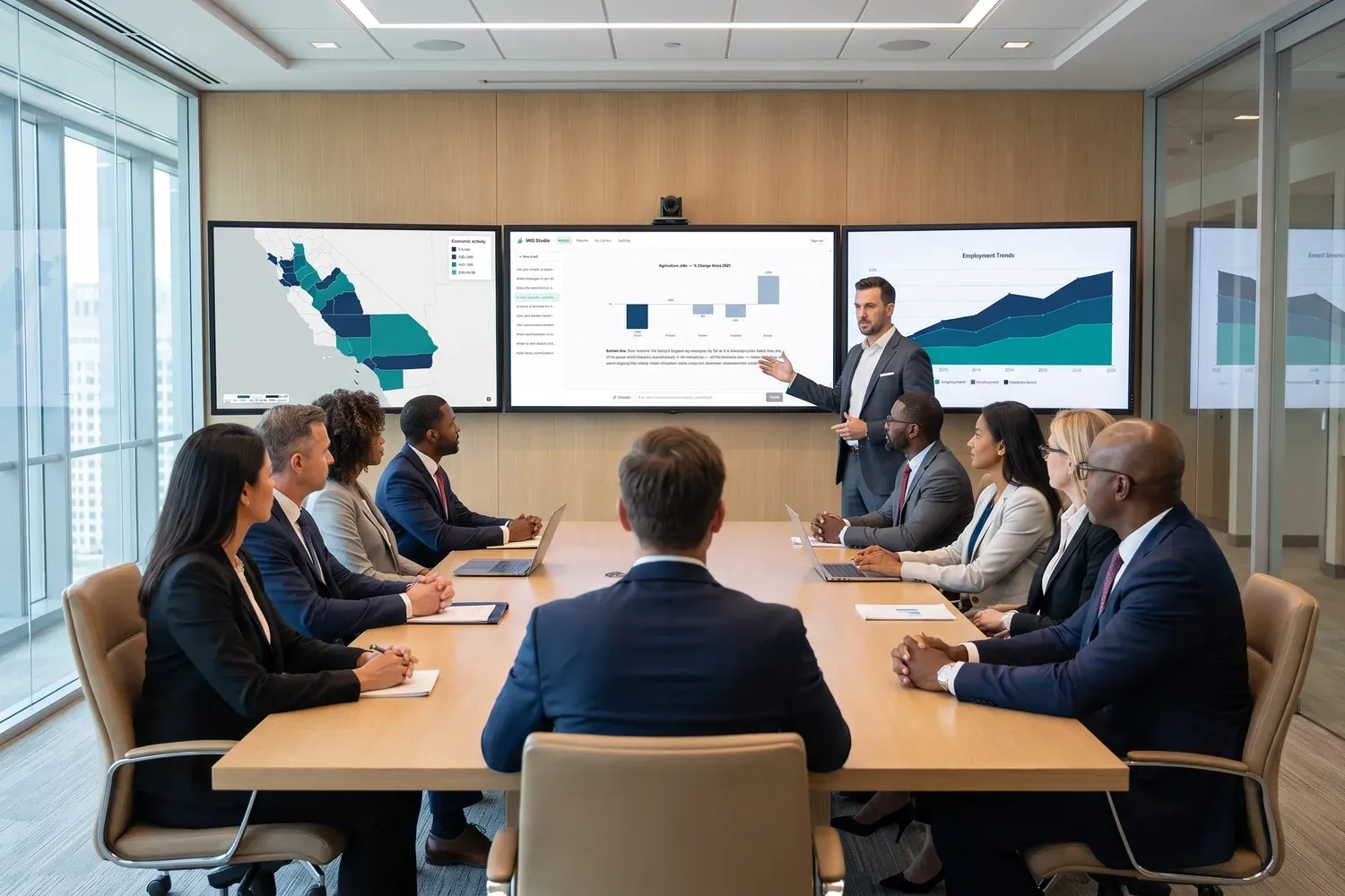 A presenter walks a conference-room team through MIQ Studio charts and maps on wall displays.