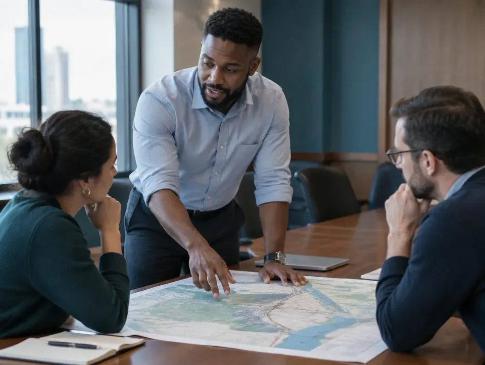 Economic development manager reviewing a regional map with colleagues.