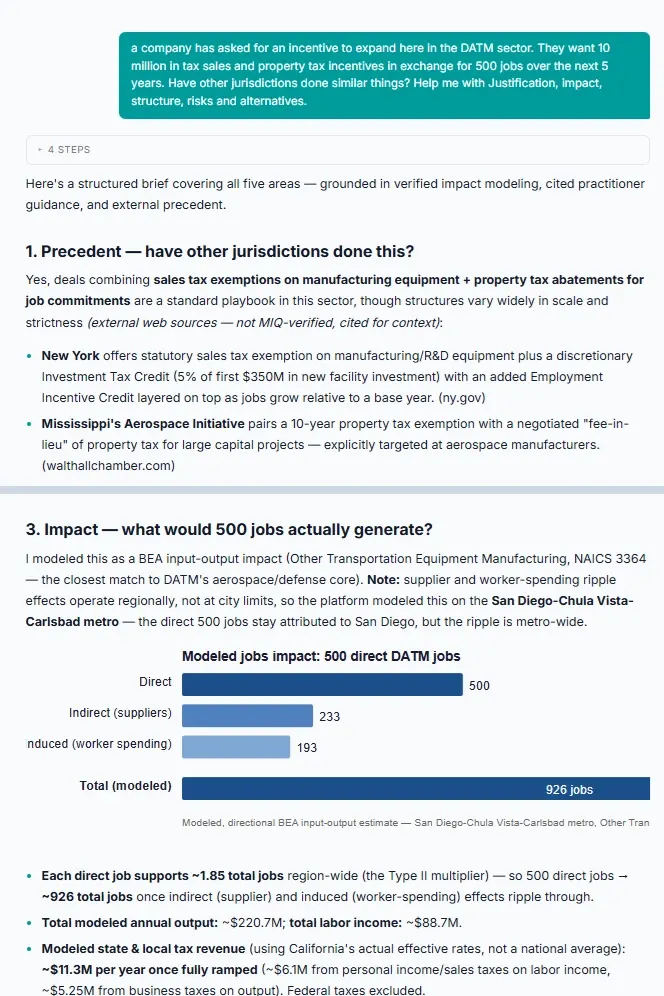 Two parts of one MIQ Studio answer to an incentive request: the question with precedents from other jurisdictions, then the modeled impact of 500 jobs with a chart and the numbers behind it.