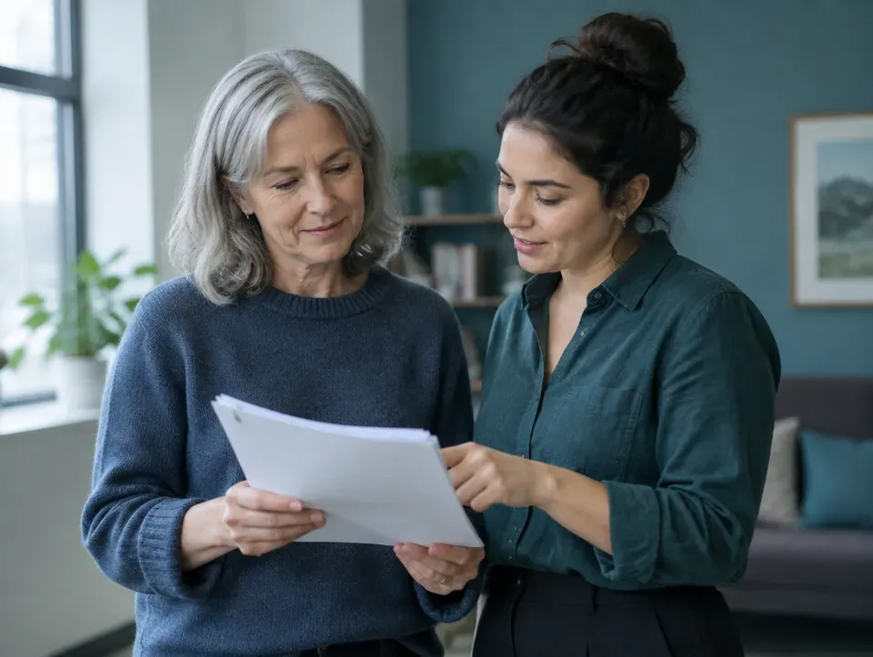 Program manager reviewing a report with a colleague in a community organization office.
