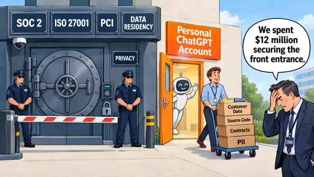 Illustration of a heavily secured building entrance with guards and compliance signs, while an employee wheels boxes of customer data and source code through an open side door marked personal AI account