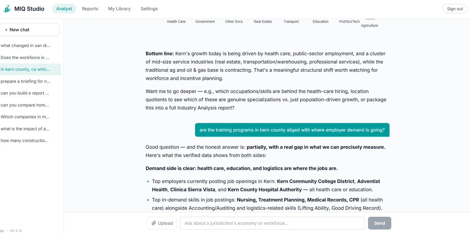 MIQ Studio conversation: a plain-language question about local training programs and employer demand, with a sourced answer.