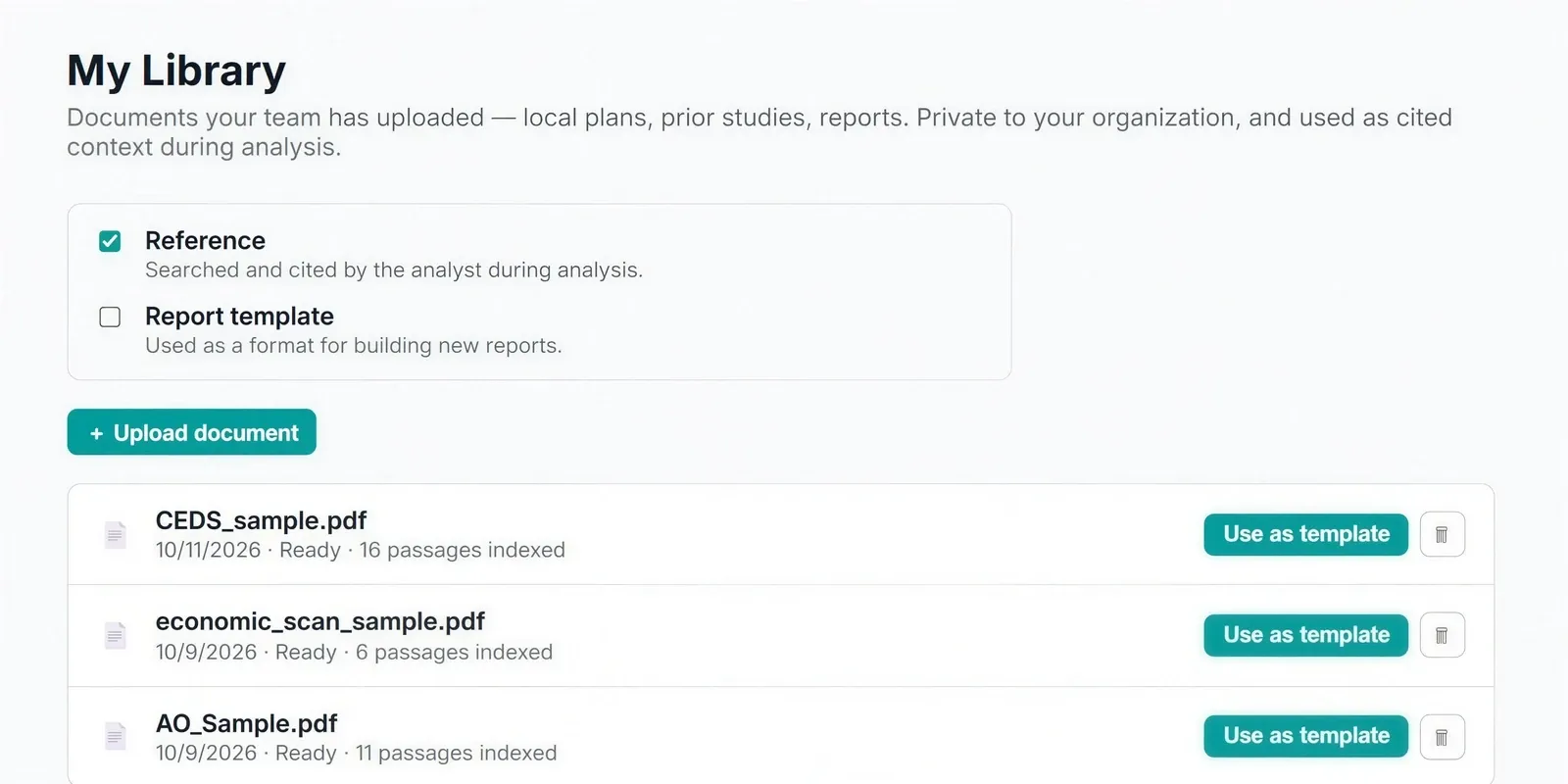 The MIQ Studio My Library page: a choice between Reference and Report template, an Upload document button, and three uploaded documents, each marked ready with the number of passages indexed and a Use as template button.