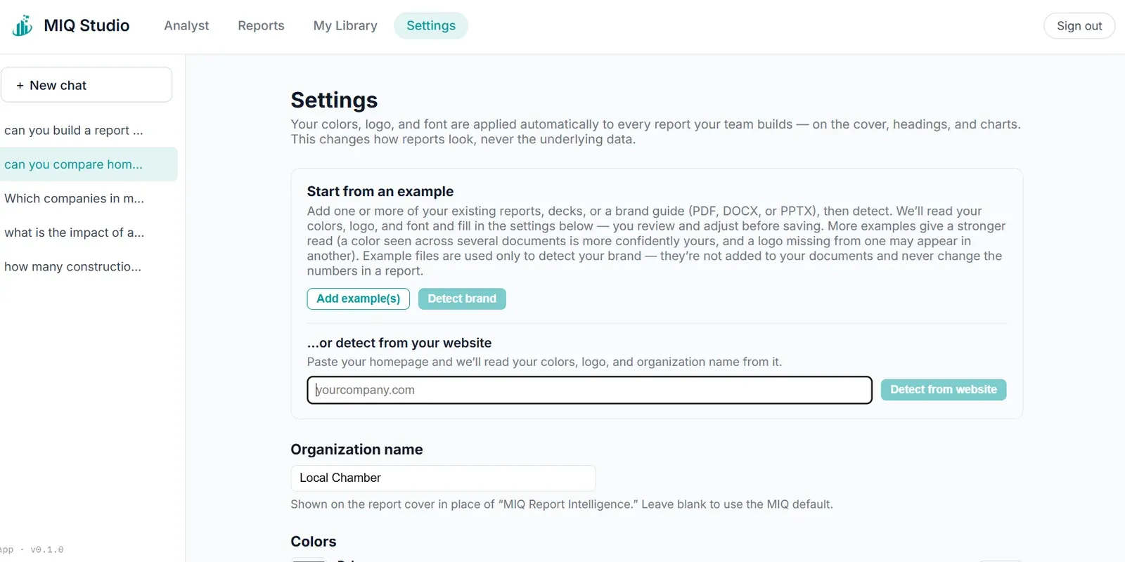MIQ Studio settings where an organization's name, colors and logo are applied to reports.