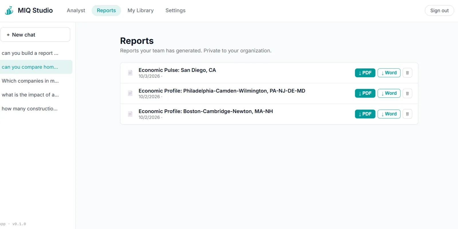 MIQ Studio Reports page listing generated reports available as PDF and Word.