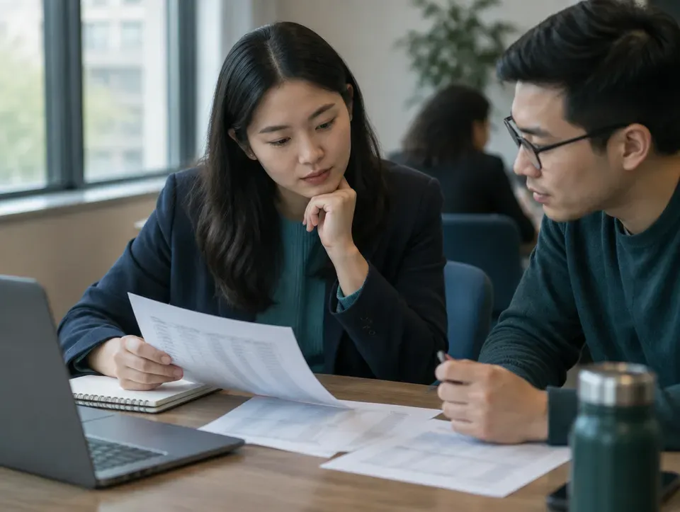 Workforce analyst reviewing labor-market tables with a colleague.